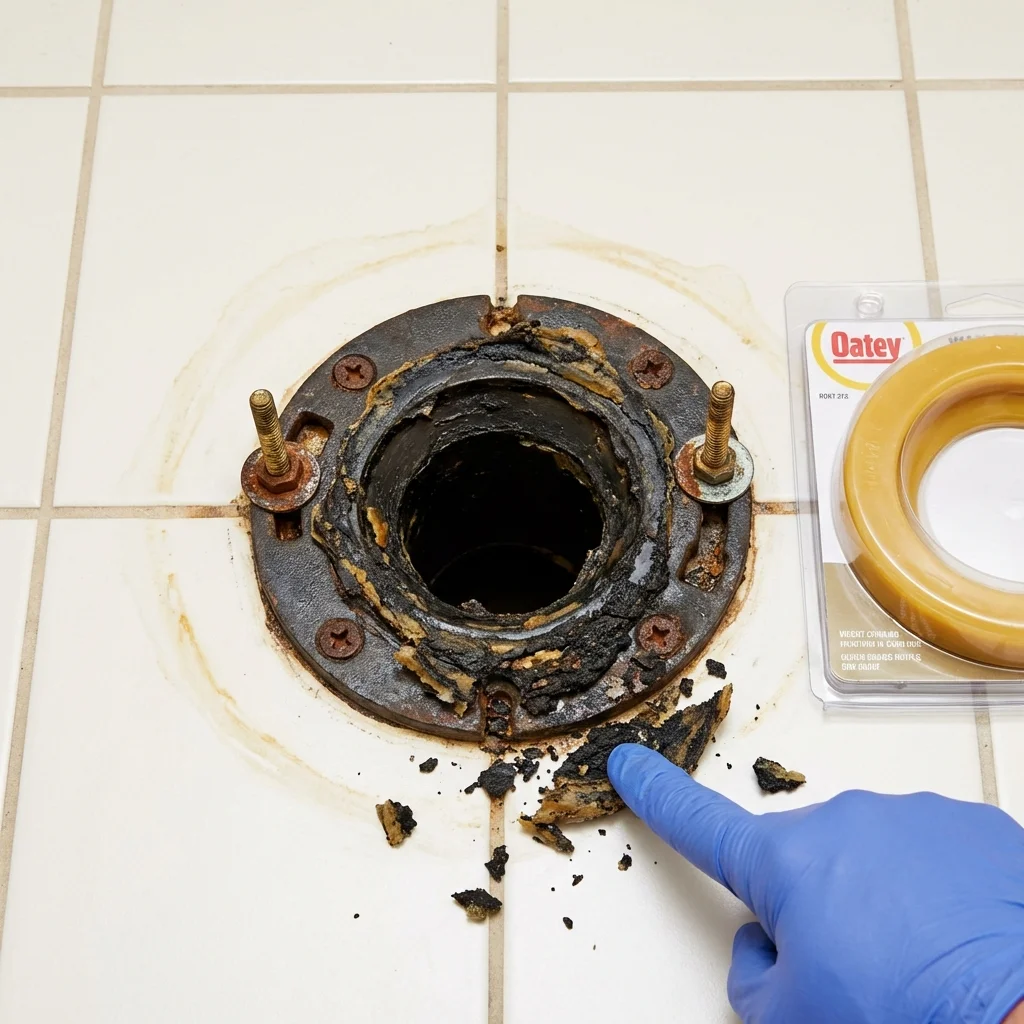 Failed wax ring showing water seepage at the base of a toilet in a Grafton, MA home