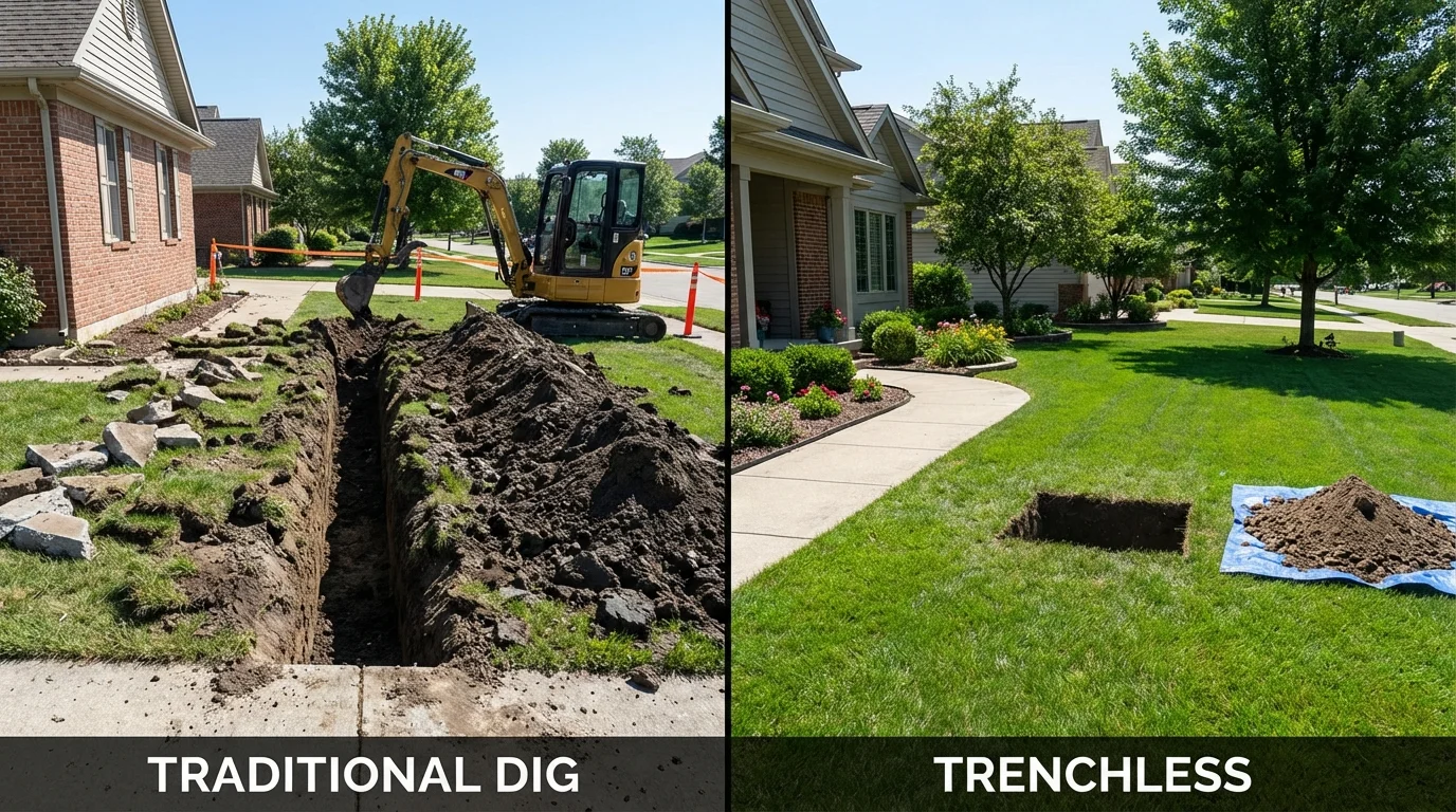 Trenchless sewer repair with minimal yard damage versus traditional excavation in Grafton, MA
