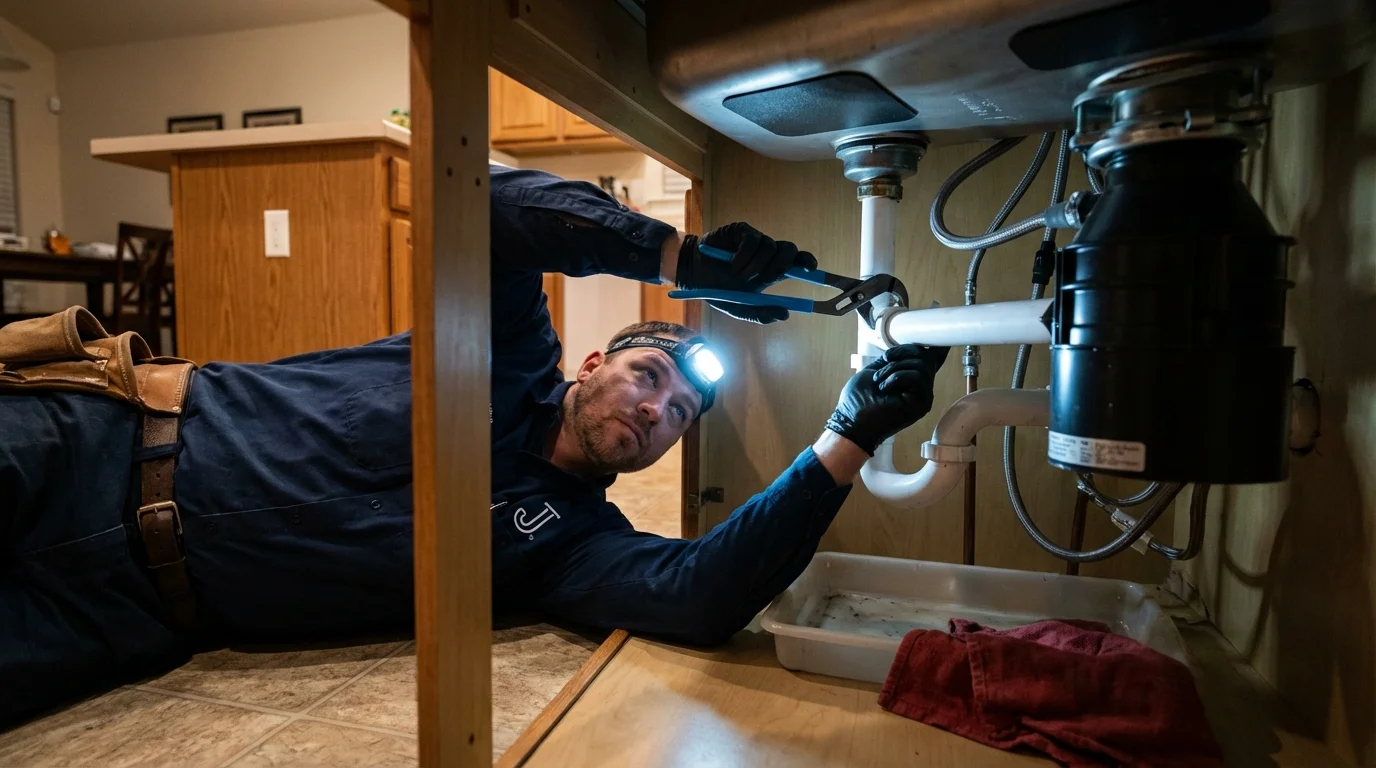 P-trap and supply line connections under a kitchen sink showing a common leak point in Grafton, MA
